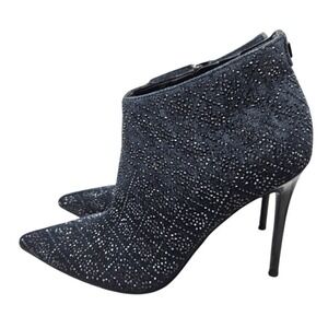 GUESS Womens Dark Blue Denim Rhinestone Pointed Toe Stiletto Ankle Boots Zip